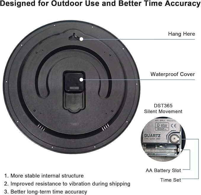UMEXUS 18 Inch Large Outdoor Wall Clock, Waterproof Indoor Outdoor Decorative Clock with Upgraded D365 Silent Quartz Movement, Battery Operated for Patio, Garden, Pool, Farmhouse & Living Room