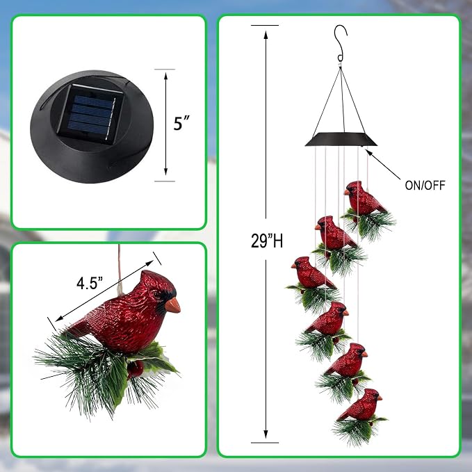 Solar Cardinal Wind Chimes for Outside,Red Bird Danglers Mobile Lights,Waterproof Hanging Outdoor Christmas Decor for Garden Patio Yard