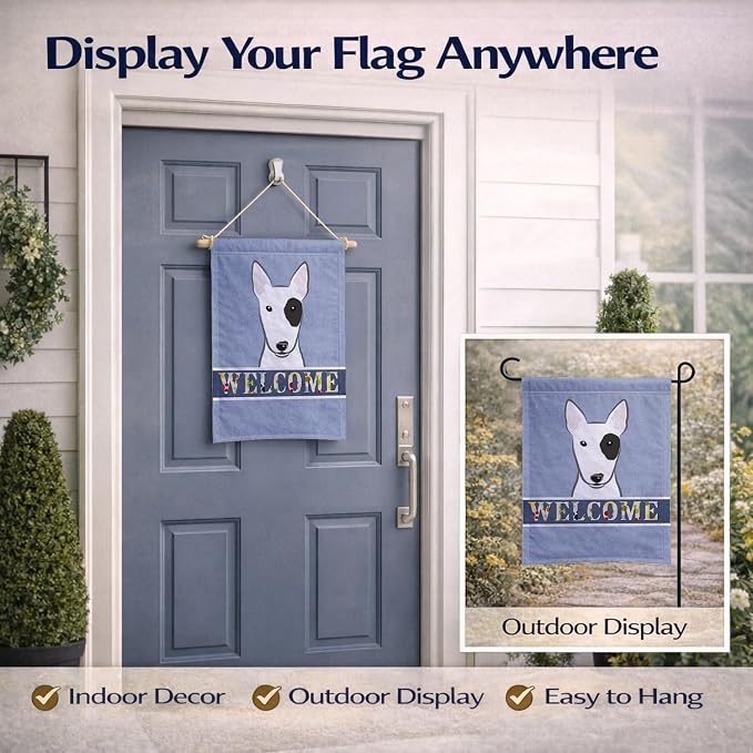 Caroline's Treasures BB1395GF Bull Terrier Welcome Garden Flag, Blue Mailbox Flag Decorative Yard Flag Banner Outside Patio Artwork Yard Flower Beds, Garden Size, Multicolor