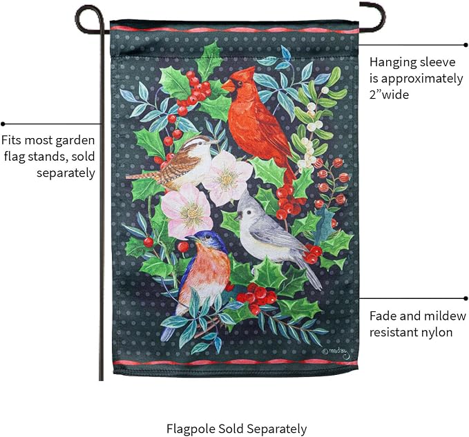 Evergreen Flag Winter Bird Friends Lustre Garden Flag 12x18 Double Sided | Christmas Garden Flag for Outside| Weather and Fade Resistant | Outdoor Flag For Yards and Gardens