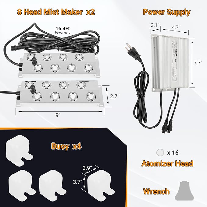 Ultrasonic Mist Maker Fogger 16 Heads, 13000ml/H Ultrasonic Mister | 600W & IP67 Waterproof Power Supply, with 2 Floats & 16 Atomizer Heads Replacements for Fountain Pond, Halloween