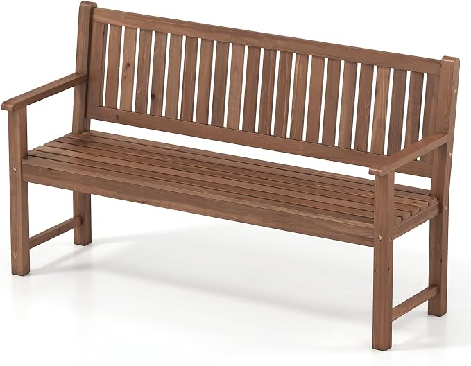 Tangkula 3-Seater Outdoor Wooden Bench, 59” Large Garden Bench with Backrest, Armrests, Slatted Seat, Loads up to 990 LBS, Fir Wood Bench Seating for Porch, Backyard, Deck, Poolside (59",Brown)