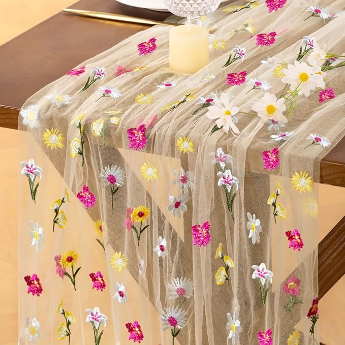 Socomi Flower Table Runner Summer Beige Daisy Floral Tulle Gauze Cheesecloth Embroidery Table Runners for Tea Party Garden Wedding Bridal Baby Shower Birthday Picnic Decor