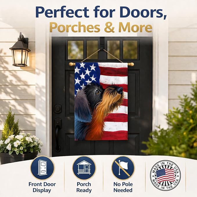Caroline's Treasures CK6539CHF German Wirehaired Pointer American Flag House Flag Large Porch Sleeve Pole Decorative Outside Yard Banner Artwork Wall Hanging, Polyester, House Size, Multicolor