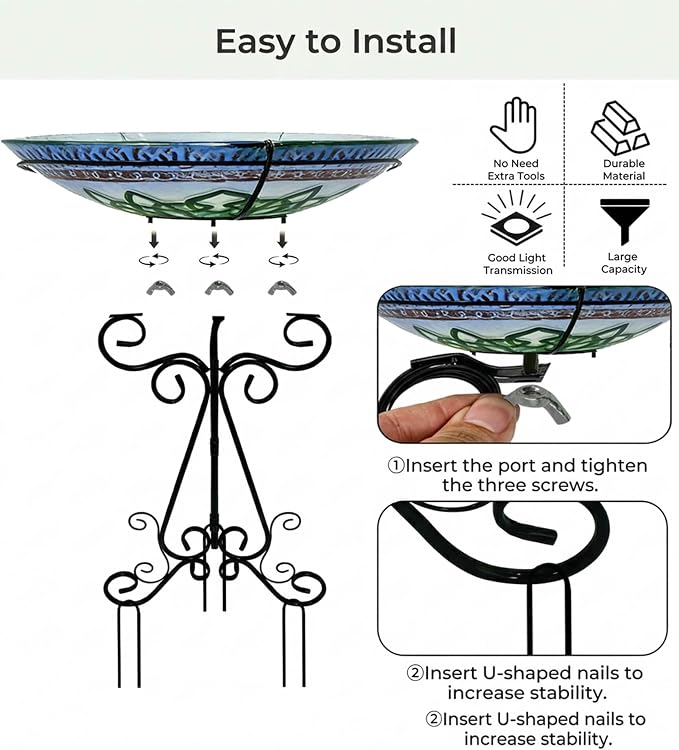 Large Bird Bath for Outside, Glass Bath Bowl with Metal Stand 28" H Standing Outdoor Birdbaths for Garden Yard Lawn Decor, Tree of Life-New