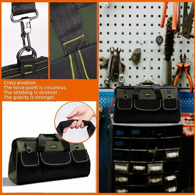 FASTECH 22-inch Wide Mouth Tool Bag with Water Proof Molded Base, Wide Mouth Tool Tote Bag, Waterproof Tool Organizer Bag for Men with Adjustable Shoulder Strap(No Bottom Shell)