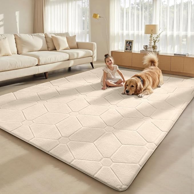 Sour Lemon 6x9 Area Rugs for Living Room Bedroom, Large Carpet Rug Beige | Washable, Geometric Alfombra Para Salas Modernas, Non Slip Big Soft Thick Fluffy Plush,Memory foam Rug for Kids Playroom