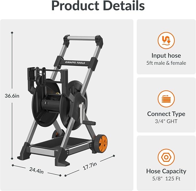 Giraffe Tools Garden Hose Reel Cart, 125FT 5/8" Hose Capacity, Heavy Duty Water Hose Reel with Wheels, 5ft Leader Hose, Retractable Hose Guide with Crank, for Yard Lawn Garage