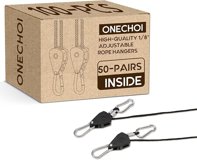 Grow Light Rope Hanger 50Pairs,1/8" 8-Feet Long Heavy Duty Adjustable Rope Clip Hanger, Adjustable Rope Ratchet Hangers 150 Lbs per Pair Used with Grow Light, Grow Bags
