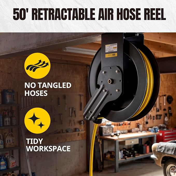 MaxWorks Retractable Air Hose Reel - 3/8 x 50 ft Hybrid - 250 PSI (51240)
