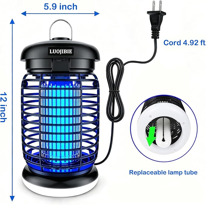 LUOJIBIE Bug Zapper Outdoor, Electric Mosquito Killer Fly Trap with UV/LED Light, 4200V High Voltage Waterproof Flying Insect Zapper for Backyard Patio, Indoor Mosquito Zapper for Home Garage