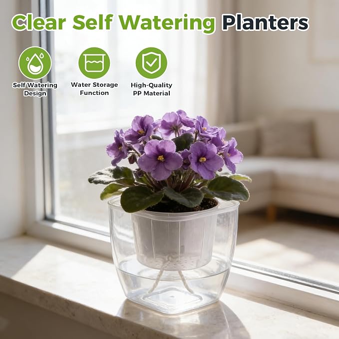 12-Pack Clear Self Watering Planters for Indoor Plants 7" Large African Violet Plant Pots Plastic Wick Flower Pots with Water Injection Hole, Orchid Plant Pot Set, Clear