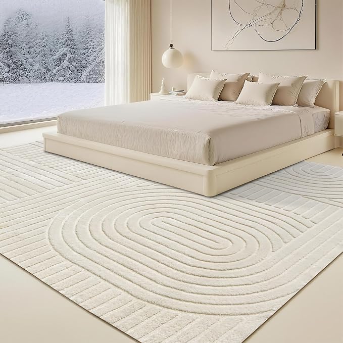 Beige Solid Area Rug 9x12 Large Washable Soft Rugs for Living Room | Modern Geometric Boho High-Low Pile Textured Fluffy Non Slip Carpet for Bedroom, Dining Room, Kids Room, Apartment, Office
