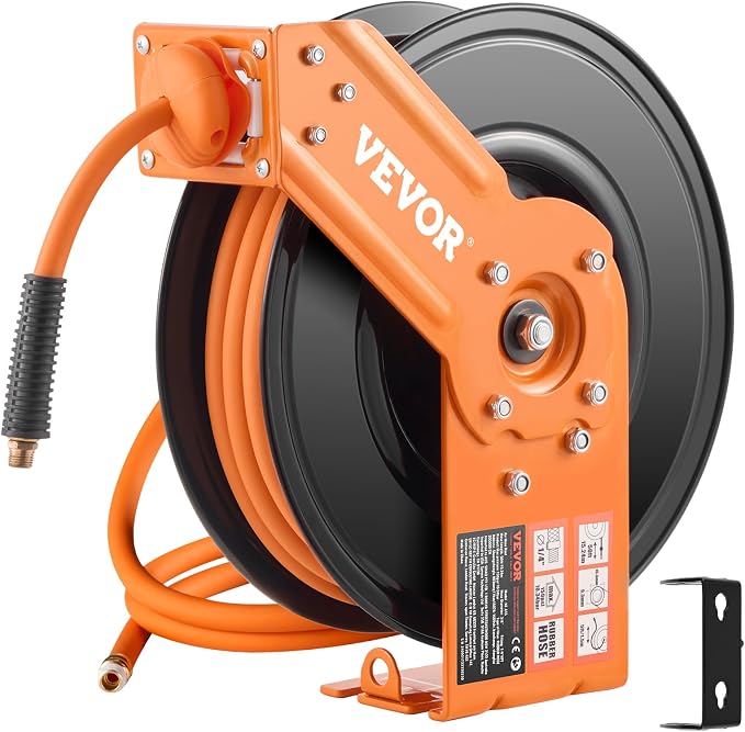 VEVOR Retractable Air Hose Reel, 3/8IN x 50FT Rubber Air Hose Max 300PSI, Air Compressor Hose Reel Auto-Rewind with 5FT Lead in, Ceiling/Wall Mount Heavy Duty Single Arm Reel & 180° Swivel Bracket