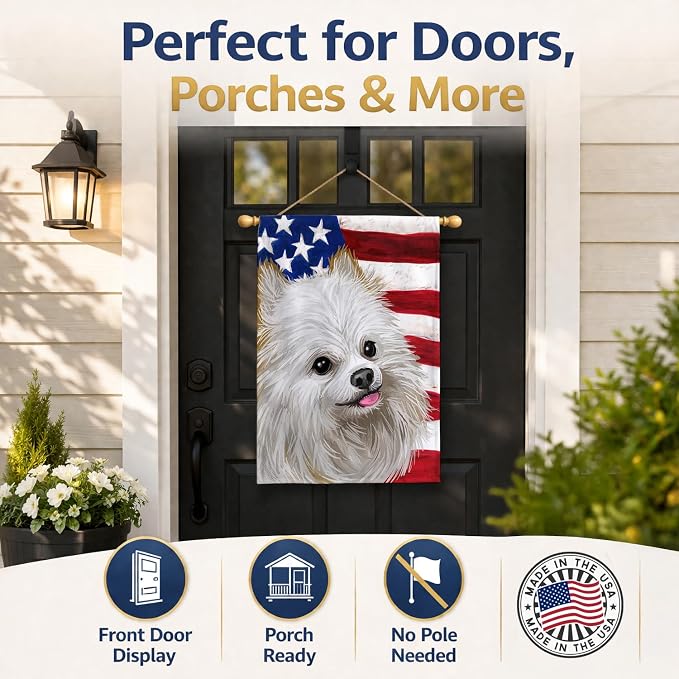 Caroline's Treasures CK6581CHF Japanese Spitz American Flag House Flag Large Porch Sleeve Pole Decorative Outside Yard Banner Artwork Wall Hanging, Polyester, House Size, Multicolor