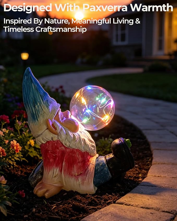 Solar Garden Gnome Statue with Colorful Glowing Bubble Light | Waterproof Resin Garden Statue, Outdoor Garden Decor for Patio, Yard, Lawn & Pathway, LED Figurine Light, 7.6 Inch