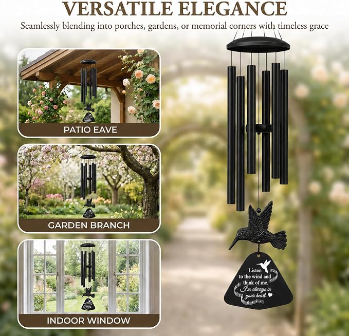 36" Memorial Wind Chimes for Outside, Sympathy Gift for Loss of Loved One, Hummingbird Wind Chime for Mom Dad, Bereavement Remembrance Funeral Condolence Gift(Black)
