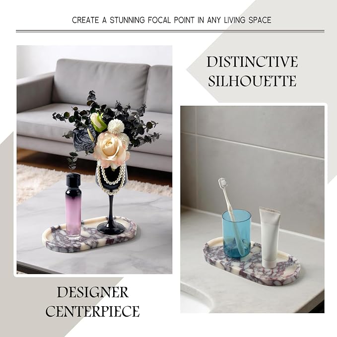 Luxury Natural Oval Marble Tray – 9.8 x 4.9-Inch Calacatta Viola Stone Vanity Tray, Small Catchall Organizer for Jewelry Perfume Keys, Decorative Trinket Tray for Bathroom Coffee Table & Dresser