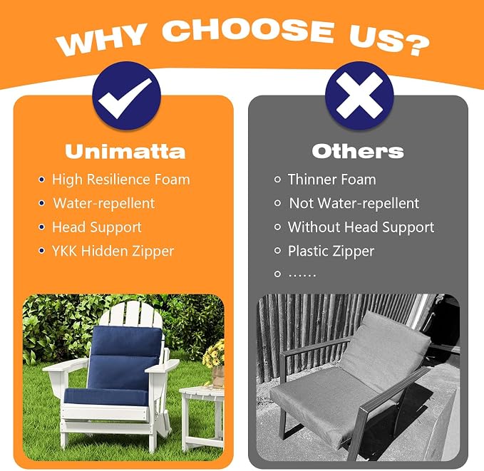 Unimatta Sunbrella Outdoor Separate High Back Cushion Seat Pads, 2-Pack 44 x 21 Inch Water-Repellent & Fade-Resistant Patio Furniture Cushions with Ties for Adirondack, Rocking Chairs, Specrtum indigo