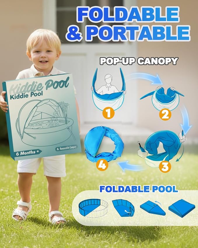 2026 Updated Foldable Kiddie Pool with Canopy and 20 Ocean Balls: 47in for Baby Toddler Kids- Summer Water Play Pool with Sprinkler and Shade - Portable for Outdoor Backyard Beach