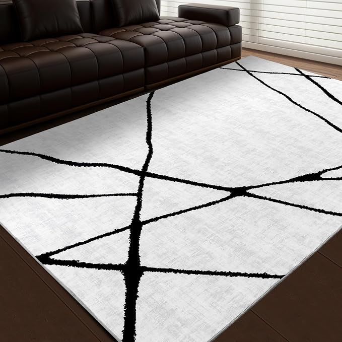 Modern Washable 8'x10' Area Rug for Living Room Bedroom - Large Abstract Black and White Rug Non-Slip Ultra-Thin Home Decor,Geometric,8x10ft