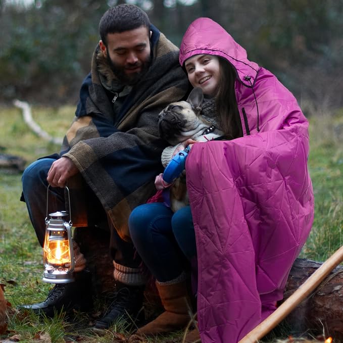 Large Waterproof Outdoor Blanket Thick Fleece 80" x 58" | Windproof Stadium Blanket, Wearable Poncho, Machine Washable for Camping, Car, Pet, Picnics - Rose Purple Hooded