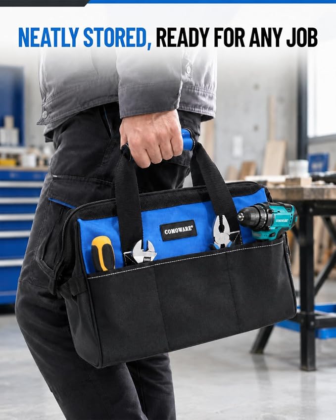 COMOWARE 13-Inch Tool Bag, Zip-top Wide Mouth Open top Tool Bag, Large Capacity Tool Organizer with Inside Pockets, Blue Tool Tote Bag for Carpenter, Mechanic and Home Repair