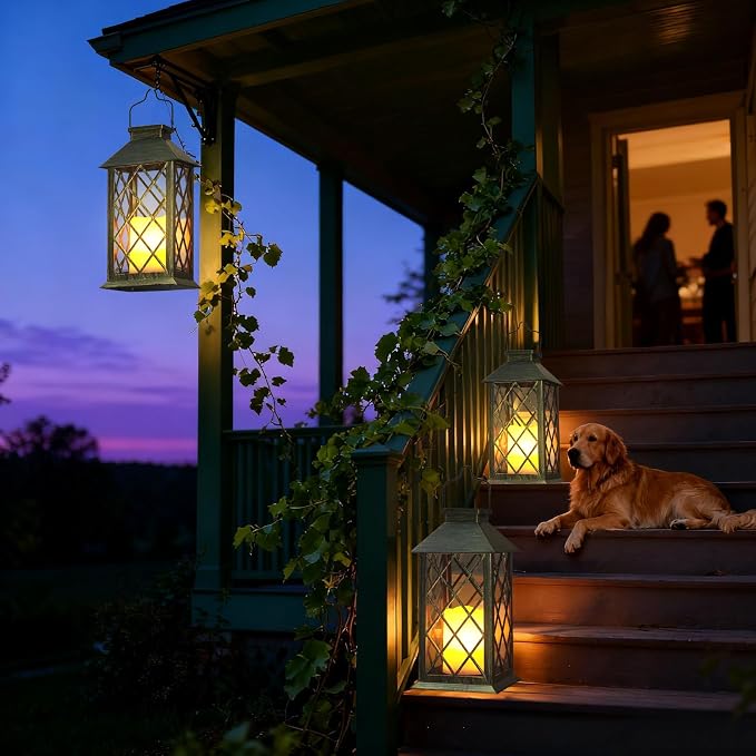 Otdair Solar Lanterns Outdoor Waterproof, 2 Pack 14" Hanging Flickering LED | Auto dusk-to-dawn; Flickering flame effect; 7–8h Runtime; IP65 waterproof; Retro style; Patio yard garden decor; Gift
