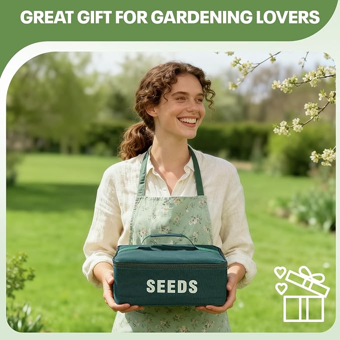 22 Slots Seed Storage Organizer Box with 30 Seed Envelopes & 84 Labels, Large Capacity Seed Packet Organizer Case, Waterproof Oxford Fabric Seed Vault Container for Garden Seed Organizer, Green