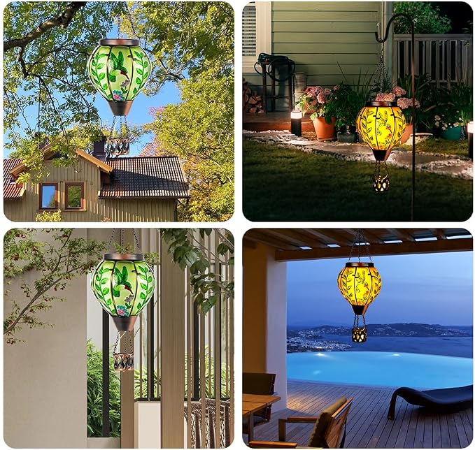 Hot Air Balloon Solar Lantern with Flame | Handmade Glass, Waterproof Outdoor Lantern, Decorative Outdoor Lantern for Patio, Garden, Porch, Green