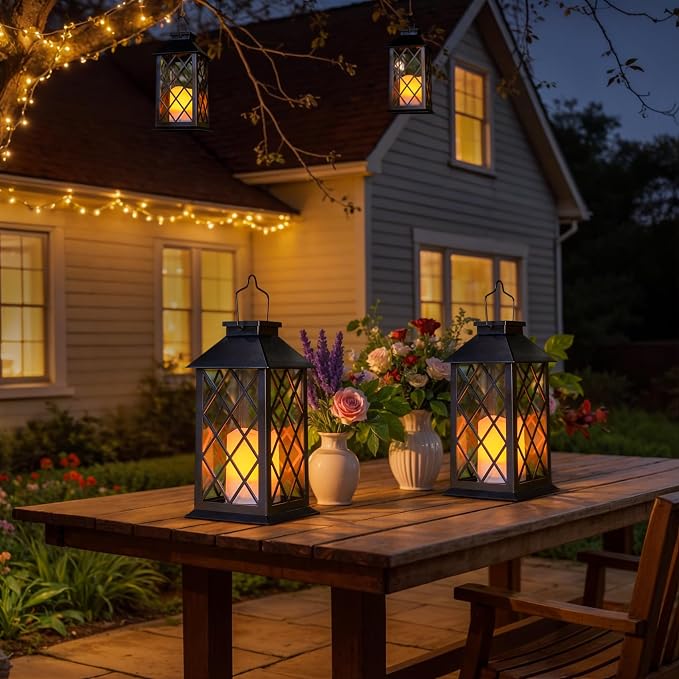TAKE ME 14" Solar Lanterns Outdoor Waterproof Garden Lanterns Large Flickering Flameless Candle Mission Lights for Table,Outdoor Christams Gifts ( 2 Packs Bronze Color) (Pack 2 Black)
