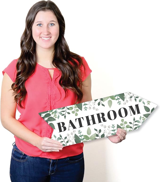 Big Dot of Happiness Boho Botanical Wedding Bathroom Signs - Greenery Wedding Sign Arrow - Double Sided Directional Yard Signs - Set of 2 Bathroom Signs