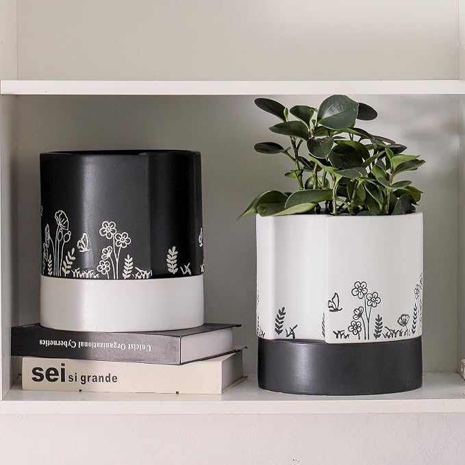Nihow Self Watering Pots for Indoor Plants,8 Inch,Black Hand Painting | Ceramic Planter, Drainage Hole & Water Storage Plus, Cylinder Round Flower Pot, For Succulent/Herbs/Violets