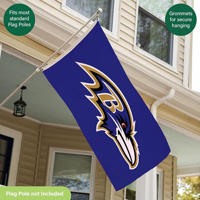 NFL Baltimore Ravens Flag 3 x 5 Outdoor Durable House Flag with Grommets | Sport Team Flag & Banner | Indoor Wall Decor for Room | Works with Flag Poles for Outside House