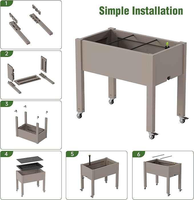 Elevated Raised Garden Bed with Wheels,Planter Box,Gray-26.3" h | Resin Planter Box with Drainage Holes, Water Monitor, Wheels for Garden Patio Backyard