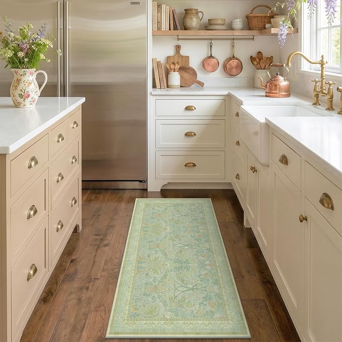 2x4 Small Green Kitchen Rugs Non Slip, Floral & Botanical Shabby Chic Washable Low Pile Area Rug for Bedroom, Bathroom, Mudroom, Powder Room