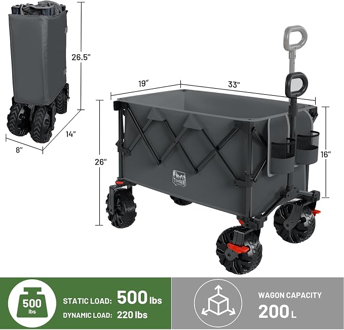 Timber Ridge Outdoor Collapsible Folding Wagon with Brakes and Cup Holders, 500lbs Heavy Duty All Terrain Wheels Utility Cart for Shopping Camping Garden Sports, Grey