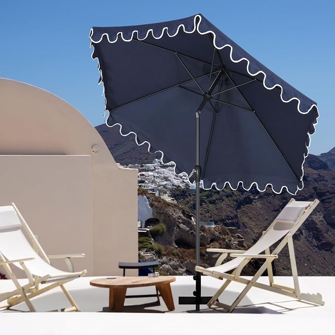 Tempera Striped Patio Umbrellas Outdoor Table Market Umbrellas with Crank & Pust Button Tilt|Auto-Tilt, 8 Steel Ribs, High Color-Fastness Canopy