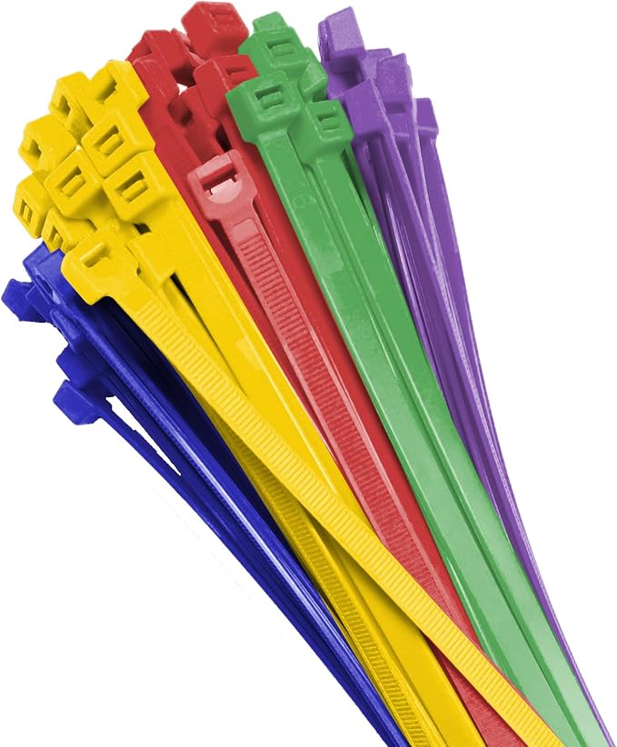 Electriduct 11" Nylon Cable Zip Ties Self-Locking Adjustable Plastic Ties - Muticolor: Red, Yellow, Blue, Green, Purple - 100 Pack
