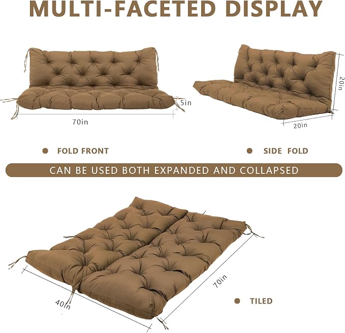 Waterproof Porch Swing Cushion Thicken 5" Brown 2-3 Seat 70 ×40 in Replacement Swing Cushions with Backrest and Ties for Patio Backyard Porch Garden