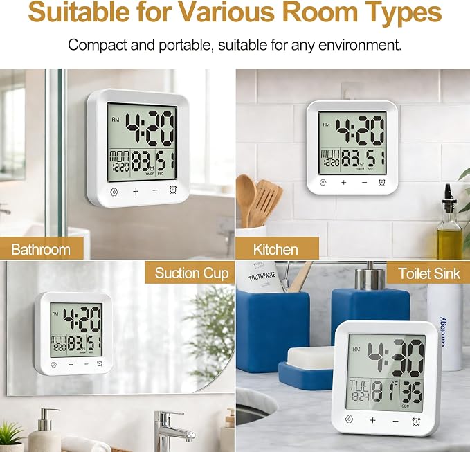 Shower Clock Waterproof, Bathroom Digital Clock with Timer, LCD Display, Touch Screen, Suction Cup, Temp, Seconds, Hanging, Hole Stand, Digital Wall Clocks Battery Operated for Kids and Adults