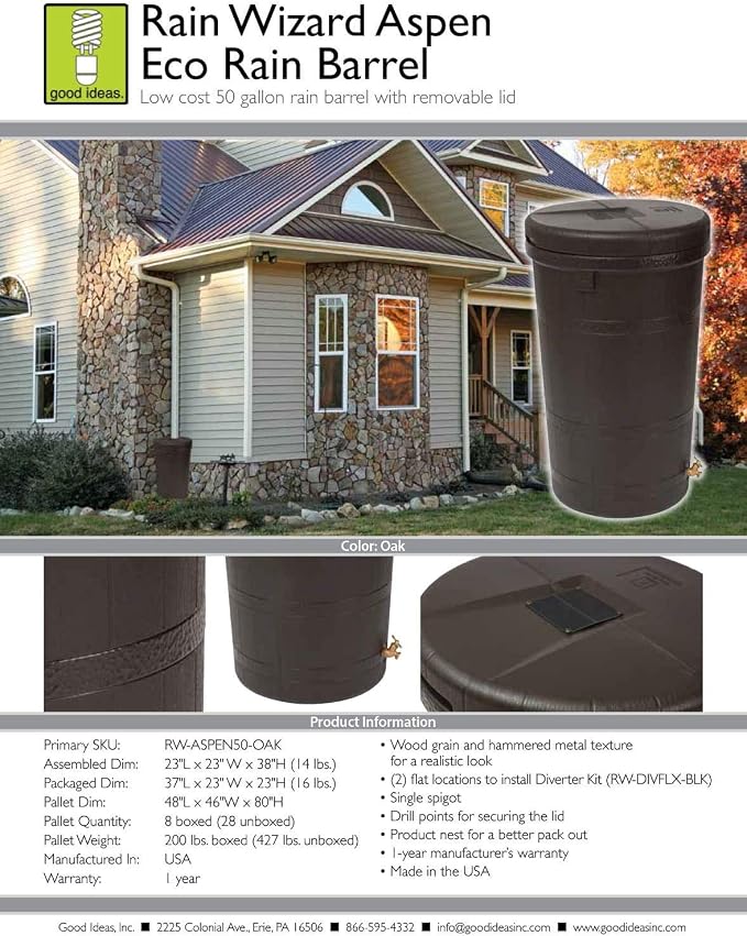 Good Ideas Aspen 50 Gallon Capacity Outdoor Rain Barrel Water Storage Collector Saver with Brass Spigot and Removable Lid, Oak Brown