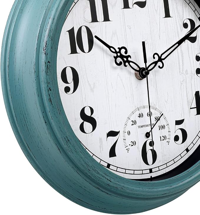 zyzamay 12 Inch Indoor Outdoor Clocks,Waterproof Wall Clock with Thermometer,Easy to Read,Non-Ticking Battery Operated Quality Quartz Clock, Decorative for Patio,Porch,Pool,Bathroom,Deck(Green)