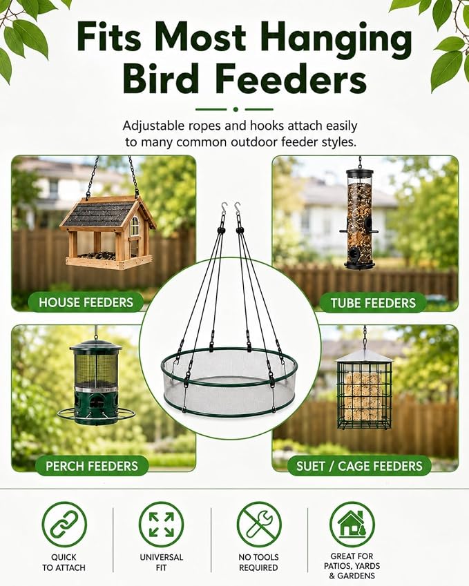 Bird Seed Catcher Tray for Outdoor Hanging Feeders, 24" Large Upgraded Anti-Flip Feeder Tray with Complete Accessories, 4" Deep Windproof Platform to Catch Dropped Seeds, Fits Most Bird Feeders