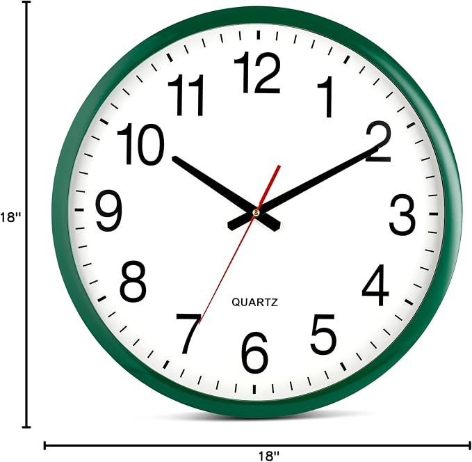 Bernhard Products Hunter Green Wall Clock Silent Non Ticking - XL 18 Inch Quality Quartz Battery Operated Round Easy to Read Home/Office/Classroom/School Clock