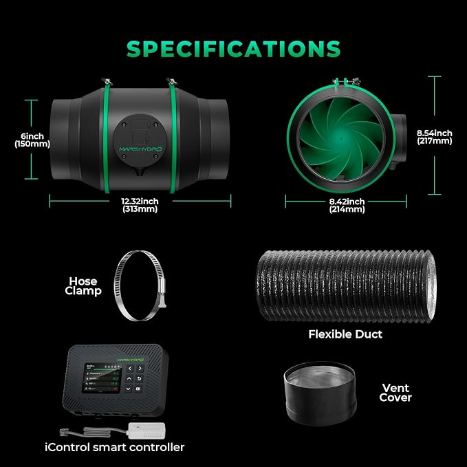 MARS HYDRO 6" Grow Tent Exhaust Fan kit with T&H iControl Controller | Air Filtration Kit, App Remote Control,Ventilation System with Inline Fan,Carbon Filter,13ft Ducting