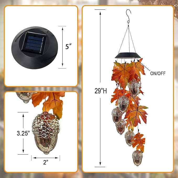 Solar Acorns Wind Chimes for Outside,Oak Leaves Danglers Mobile Lights,Outdoor Hanging Fall Decor for Garden Patio Yard,Thanksgiving Birthday Gifts for Women