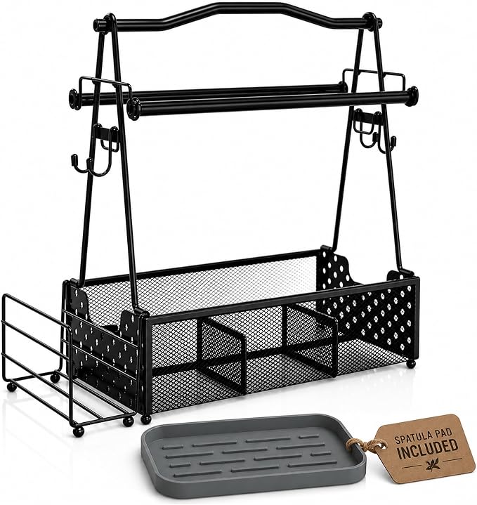 Grill Caddy for Outdoor Kitchen - Foldable Picnic Caddy for BBQ Accessories - Versatile Outdoor Kitchen Accessories Basket with Paper Roll Holder, Hooks & Compartments