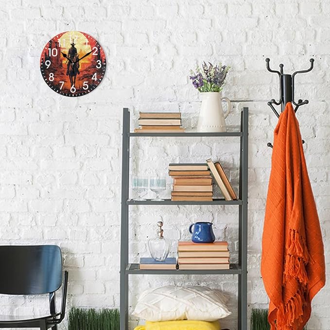 ALAZA Home Decor American Sunset Cowboy Round Acrylic 9.84 Inch Wall Clock Non Ticking Silent Clock Art for Living Room Kitchen Bedroom