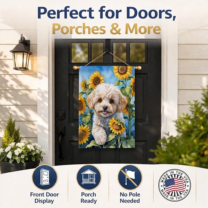 Caroline's Treasures DAC6118CHF Maltipoo in Sunflowers House Flag Large Porch Sleeve Pole Decorative Outside Yard Banner Artwork Wall Hanging, Polyester, House Size, Multicolor